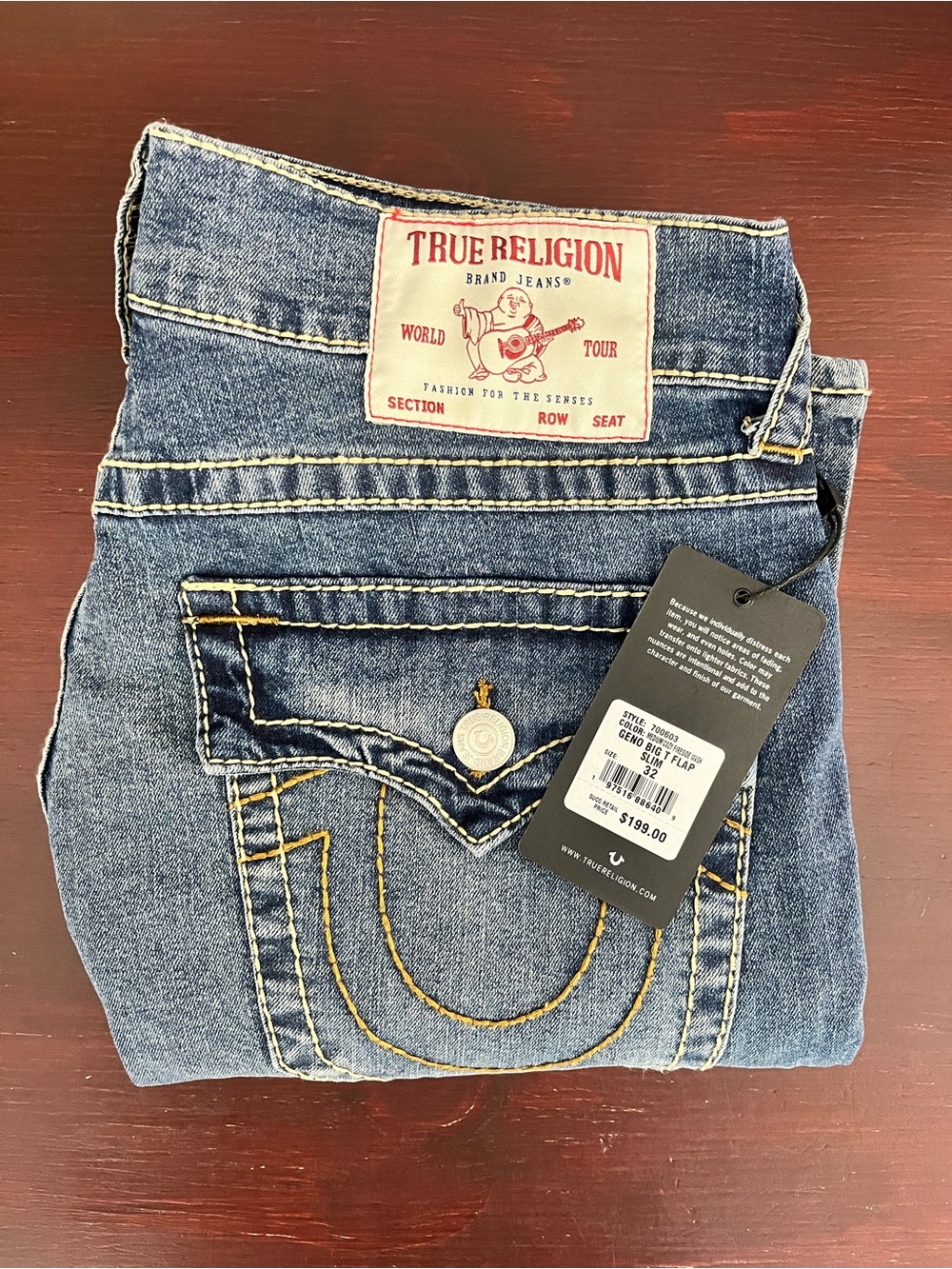 True Religion Jeans GENO Big T Flap Slim Mens 32x32 Cozy Fireside Wash Blue